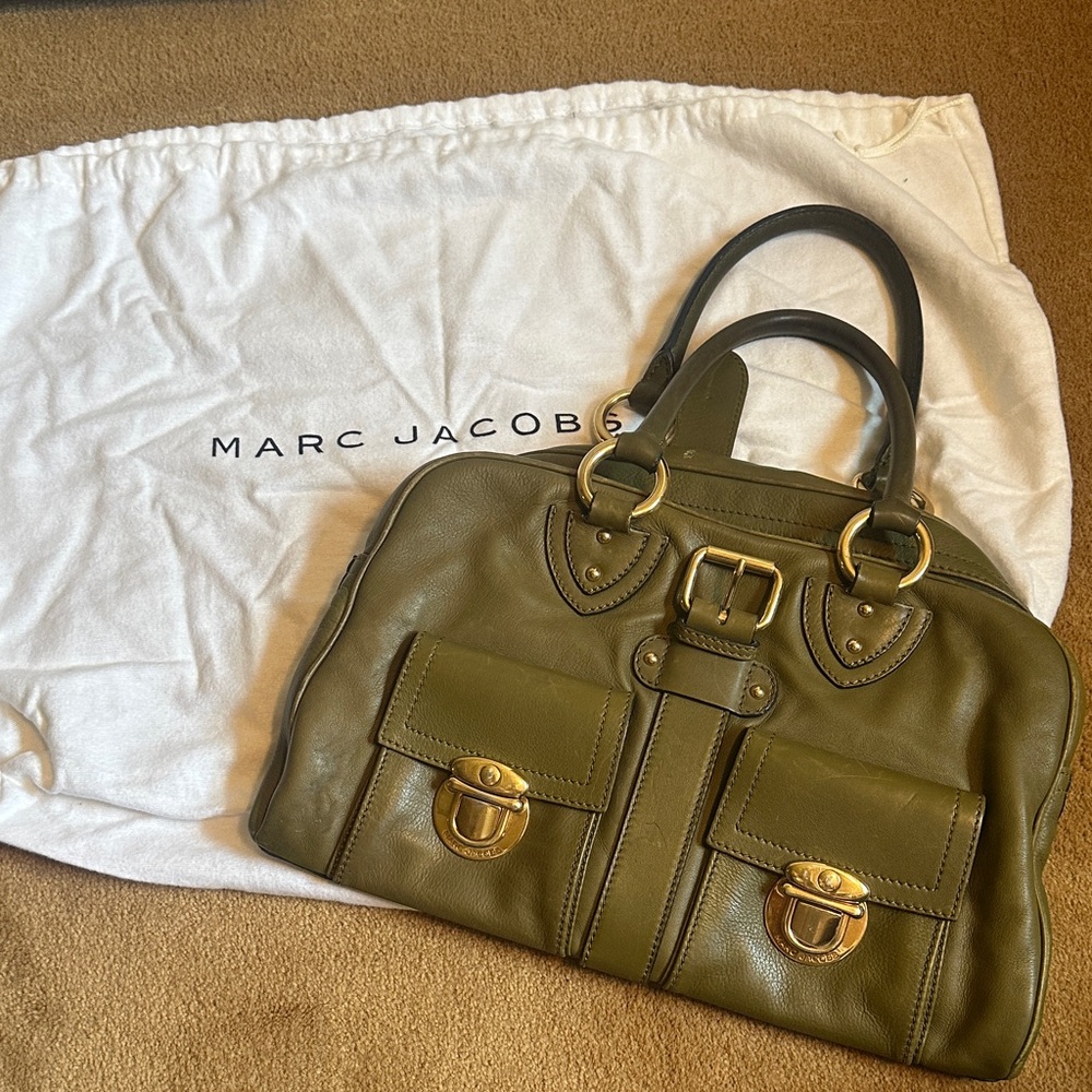 Marc Jacobs Olive Green Double-Handle Leather Satchel with Gold Hardware